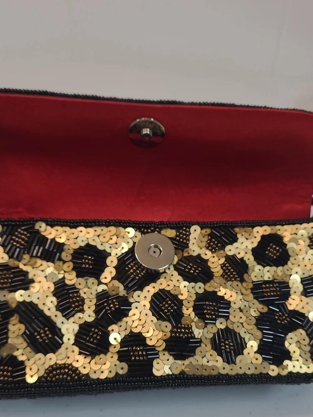 Inge Christopher Sequin Leopard Print Clutch Shoulder or Wrist Bag Black & Gold